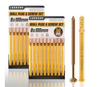 LEDSone Juego de tornillos y tacos de pared de 50 x 2 unidades, 8 x 100 mm, juego de tapones y tornillos en caja de compartimentos, zinc galvanizado M6/M8/M10 tornillo de madera resistente