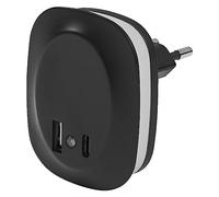 LEDVANCE Luz nocturna enchufable LUNETTA EDGE, 0.35W, 10lm, luz cálida, sensor luz diurna, USB-A/C, LED, carga, larga duración, IP20, 3000K