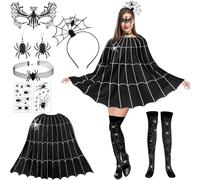 Leeelyan Disfraz de araña de Halloween, 7 piezas, disfraz de araña para mujer, vestido web de araña, poncho de araña, diadema con araña, máscara de araña, para mujer, fiesta de disfraces de Halloween