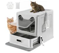 LEEJARD Inodoro para gatos, acero inoxidable con tapa y bandeja extensible, Hop en caja de arena XXL con alfombrilla y pala para gatos de hasta 15 kg, limpieza más fácil, a prueba de fugas