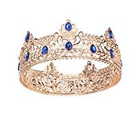 LEEMASING Coronas de metal para hombres, adultos, cumpleaños, graduación, fiesta de regreso a casa, corona de rey para cosplay, boda, regreso a casa, fiesta de graduación (dorado con piedra azul)