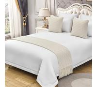 LEEMQCYA Caminos de cama y funda de cojín a juego, color beige, para pies de cama, hotel, hogar, colcha, toalla de cama, decoración de ropa de cama, doble/king/queen