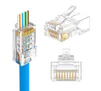 LEENUE 50 Unidades RJ45 Conector CAT5E Pass Through, 1Gbps, Dorado Conectores RJ 45 CAT5, Conector LAN para cables de red sólidos o trenzados de 23-26 AWG, compatible con PoE
