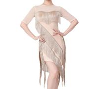 Leeonway Vestido De Baile Latino con Flecos para Mujer,Vestido de Rumba Samba Traje,Vestido de Baile Latino con borlas Irregulares para Mujer,Pantalones Cortos incorporados,para Salsa,Tango