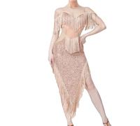 Leeonway Vestidos Salsa Baile Mujer,Tango Vestido Danza latinao,Vestido de Baile Latino Lentejuelas para Mujer,Traje de Baile Sexy,Sin Espalda,para Salón de Baile Samba Chacha Disfraz Fiesta