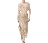 Leeonway Vestidos Salsa Baile Mujer,Tango Vestido Danza latinao,Vestido de Baile Latino Lentejuelas para Mujer,Traje de Baile Sexy,Sin Espalda,para Salón de Baile Samba Chacha Disfraz Fiesta