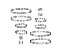 LEEQBCR 12 piezas de collares elásticos con tatuajes, 4 collares / 4 pulseras / 4 anillos, Collar Estiramiento Gótico Tatuaje Henna Elástico Collar de Ahogador Conjunto (negros)