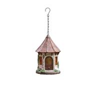 LeeQinersw Caseta de Pájaros Torre Castillo Colgante Ornamento Aves Tejado Resina Robusta Estilo Rústico con Cadena Adecuada para Patio Balcón Jardín Pérgola