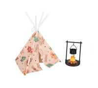 LeeQinersw Miniature Tent Tienda de Muñecas Carpa Cónica Mini Fogata Accesorios para Dioramas con Caldera sobre Fuego y Diseño Detallado Adecuada para Escenas, Tienda Estufa Vertical