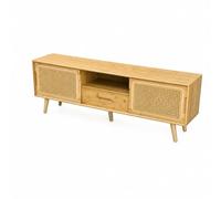 LeeQinersw Mueble de Televisión de Bambú para TV Auxiliar con Puertas de Mimbre Cajón con Integrado y Estante Abierto con Gestión de Cables Adecuado para Sala Estudio