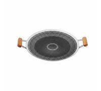 LeeQinersw Sartén para Parrilla Exterior de Acero Inoxidable Placa Redonda Diseño Doble Zona de Cocción Adecuado para Camping Cocinas Modernas, 38CM, Wood Handle