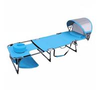 LeeQinersw Tumbona Reclinable de Playa con Agujero Facial Ergonómico Chaise Exterior Plegable Multiposición de Capota para Sombra Oxford Resistente y Estructura, Azul, Grande