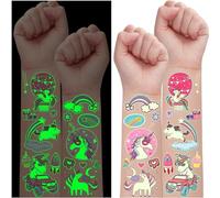 Leesgel 30 hojas de tatuajes temporales luminosos de unicornios para niños, calcomanías de unicornios, suministros de decoración de cumpleaños, juguetes de relleno de bolsas de fiesta