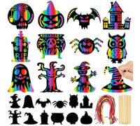 Leesgel Halloween Scratch Art para Niños, 60PCS Papeles para Rascar de Máscaras de Halloween, Manualidades Niños para Decoración y Disfraces Halloween, Detalles y Regalos de Cumpleaños
