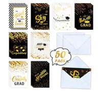 Leesgel Paquete de 50 tarjetas de graduación con sobres, tarjetas de felicitación de graduación a granel 2024, 8 diseños surtidos, tarjeta de felicitación de graduación con lámina dorada para
