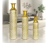 Leewadee Set de 3 Grandes Jarrones de Suelo 65/53/41 cm - Altos Jarrones de Metal en Dorado para Decoración Hogar