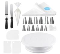 LeFeirr Bandeja giratoria para tartas, 120 piezas, juego de accesorios para tartas con soporte giratorio de 360°, 100 mangas pasteleras desechables con 12 boquillas, 3 espátulas para tartas, 2