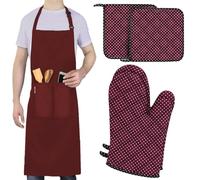 LEFUNDA® Delantal de cocina, delantal impermeable con 3 bolsillos, delantal para barbacoa, ajustable con cintas largas, para hombre y mujer, cocina, barbacoa, restaurante, café, Rojo (1 delantal + 2