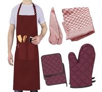 LEFUNDA® Delantal de Cocina Impermeable Con 3 Bolsillos, Ajustable Con Cintas Largas, Para Hombre y Mujer, Barbacoa, Restaurante, Café, Rojo (1 Delantal + 2)