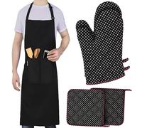 LEFUNDA® Delantal de Cocina Impermeable con 3 Bolsillos Ajustable, con Correas Largas para Barbacoa, Hombres y Mujeres, Cocinar, Restaurante, Café, Hornear (Negro)
