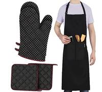 LEFUNDA® Juego de 5; Delantal y Guantes de Horno y Agarraderas de algodón, Resistentes al Calor, Guantes para Hornear, Cocinar, Manoplas Grandes para Barbacoa, Soportes de Ollas, Utensilios de Cocina