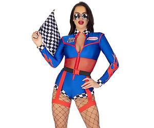 Leg Avenue 2 PC Cherry Bomb Racer, includes long sleeved zip up mameluco with sheer midriff and badge acents, flame detail and checkerboard trim, and belt with attached garters