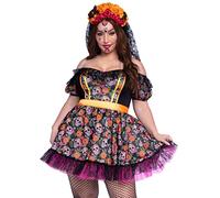 Leg Avenue 2 PC Marigold Catrina, includes sugar skull dress with lace trim and marigold and butterfly head piece with lace veil.