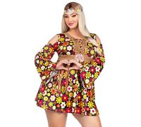 Leg Avenue- 2 Pc Starflower Hippie Costume with Cold Shoulder Floral Fringe Dress,Flower Headband años 60 Mujer, Multicolor, Large (EUR 42-44) (85610 10103)