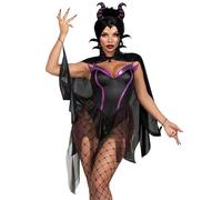 Leg Avenue 3 piezas Evil Enchantress, incluye body de entrepierna a presión con falda iridiscente, capa de llama con joyas y diadema de cuerno, negro/morado, talla M