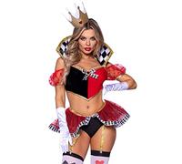 Leg Avenue 3 piezas Wicked Wonderland Queen, incluye top corto con huesos de tono remolque, cuello y acento de broche, bragas de liga con falda peplum y diadema de corona.