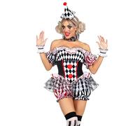 Leg Avenue 4 piezas Darling Harlequin, incluye mameluco con volantes recortados con detalles de pompón, volantes de muñeca, volantes para el cuello y diadema de sombrero, multicolor, mediano