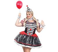 Leg Avenue 4 piezas Darling Harlequin, incluye vestido recortado con volantes con detalles de pompones, volantes de muñeca, volantes para el cuello y diadema de sombrero, multicolor, 3X-4X