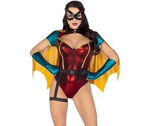 Leg Avenue 5 PC Sultry Sidekick, includes shimmer zip up bodysuit, detachable cape, belt with attached garter, gloves, and face mask