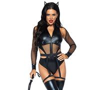 Leg Avenue 86994-00101 3 Pc Criminal Kitty, Includes Cut-Out Zip Up Bodysuit With Snap Crotch, Belt With Attached Garters, And Cat Ear Headband, Small, Black