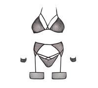 Leg Avenue Brasier de red brillante para mujer, 4 piezas, braga de tanga, arnés de liga y lazos de muñeca, Negro/Plateado, Talla única