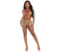 Leg Avenue Brasier de red hardcore arcoíris de 3 piezas, encogimiento de hombros y pantalones cortos para niño, Varios colores, Talla única