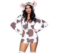 Leg Avenue Comfy Cow, características ultra-soft velvet plush zip up romper con la cremallera de la vaquera del suéter, horn and ear hood, and fur-tipped tail.