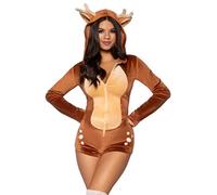 Leg Avenue Comfy Fawn, features ultra-soft velvet plush zip up romper with spotted detail, antler and ear hood, and cheeky paneled booty with fawn tail.