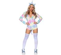 Leg Avenue Comfy Unicorn, features ultra-soft velvet plush zip up rainbow tie-dye romper with horn hood, furry main and tail, and magical mini wings.