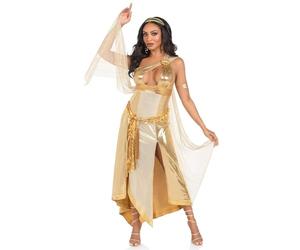 Leg Avenue Diosa dorada de 3 piezas, incluye vestido asimétrico brillante con acento de hebilla de un hombro y ribete de cinta, dorado, pequeño