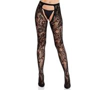 Leg Avenue Mallas de encaje rosa con ojales para mujer, sin entrepierna, espalda abierta, color negro, talla única, Negro, Altoa única