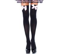 LEG AVENUE Medias Altas Negras Con Lacito Rosa Talla Única - Elegancia Sofisticada Para Realzar Tu Feminidad
