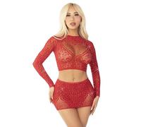 Leg Avenue Minifalda corta de encaje y red con diamantes de imitación para mujer, Rojo -, Talla única