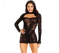 Leg Avenue womens Lace Keyhole Mini Dress With Opaque Panel Detailing and Gloved Sleeves, Black, One Size