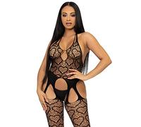 LEG AVENUE Women's 89306-00122 Seamless Heart Net Suspender Bodystocking, O/S, Black Costume Body Suit, Multi, One Size, multi-coloured