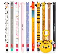 LEGAMI Bolígrafo de gel borrable + llavero de felpa, paquete de 10 bolígrafos con tinta de borrado termosensible, gama de colores de tinta, punta de 0,7 mm, bonitos diseños temáticos de animales