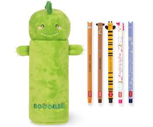 Legami Estuche supersuave con bolígrafos de gel borrables | Juego de 5 bolígrafos de animales con tinta termosensible + Estuche de peluche (Dinosaurio)