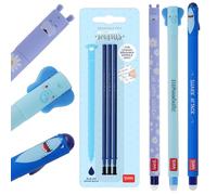 LEGAMI - Juego de 3 bolígrafos de gel borrables + 3 recambios azules, con tinta de borrado termosensible, punta de 0,7 mm, diseño de tiburón, elefante e hipopótamo