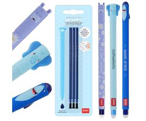 Legami - Juego de 3 bolígrafos de gel borrables + 3 recargas azules, con tinta termosensible, punta de 0,7 mm, diseño de tiburón, elefante y hipopótamo