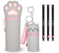 LEGAMI Juego de 3 bolígrafos de gel borrables + estuche Kawaii 2 en 1 + llavero de monedero, juego de regalo | Bonitos diseños divertidos con temática de animales (gatito)